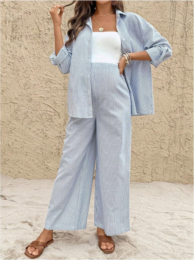 MakeMeChic Women's Maternity Clothes 2 Piece Fall Outfits Striped Button Down Shirt and Pants Pregnancy Sets - Image 5